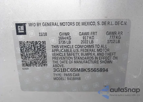 2019 Chevrolet Cruze Ls из США, поврежденный, VIN 3G1BC6SM8KS565894